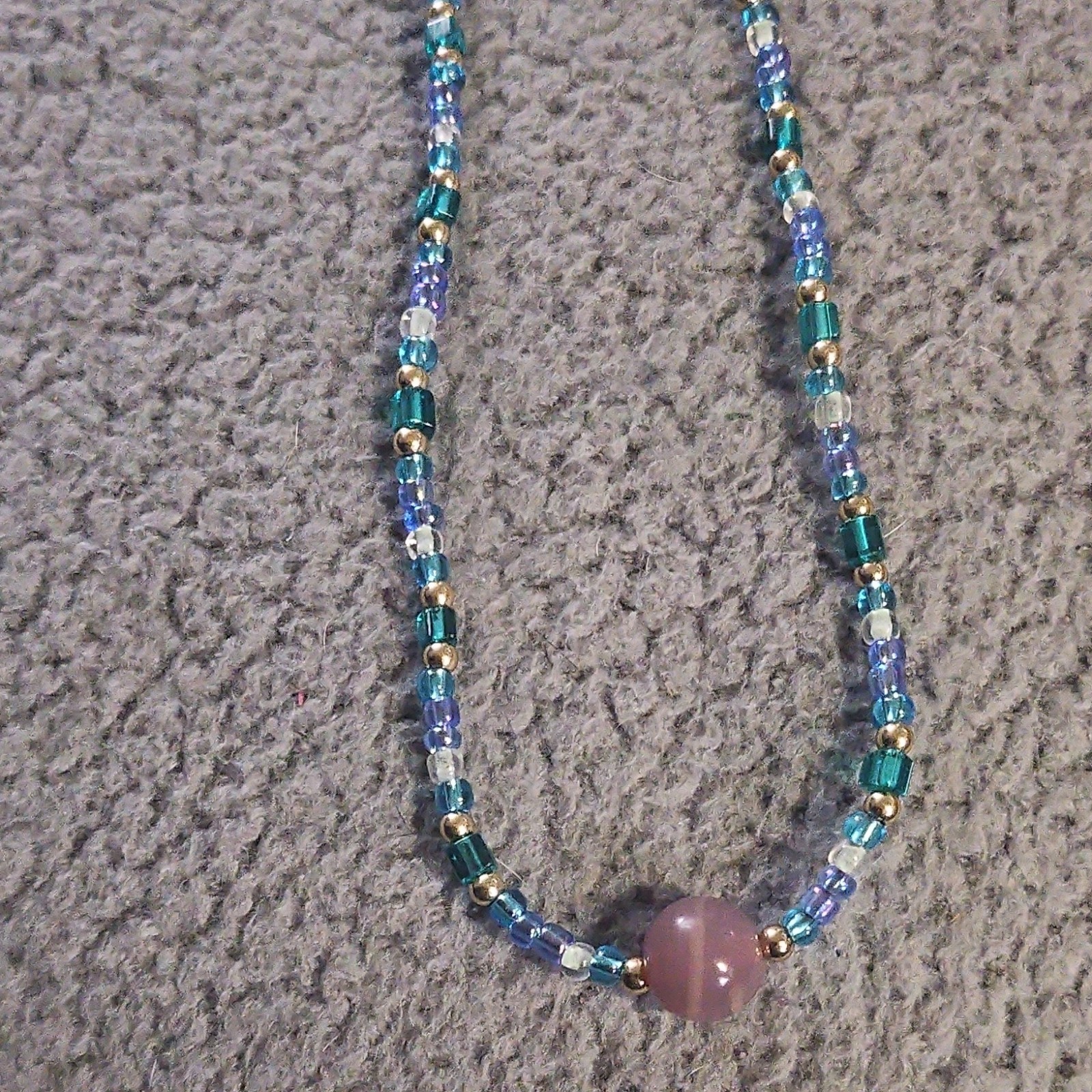 Beaded Necklace Blue Purple Gold Glass Round Pendant Tie Closure