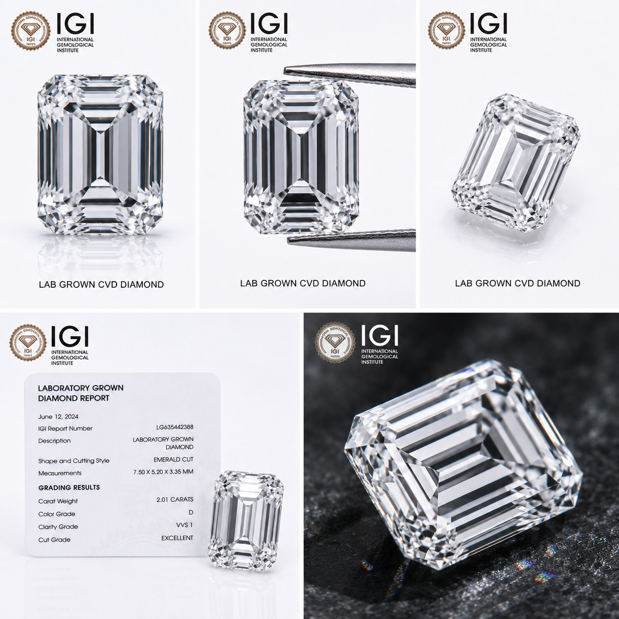 12 Ct Emerland Cut Lab Grown CVD Diamond D Color VVS1 IGI Certified