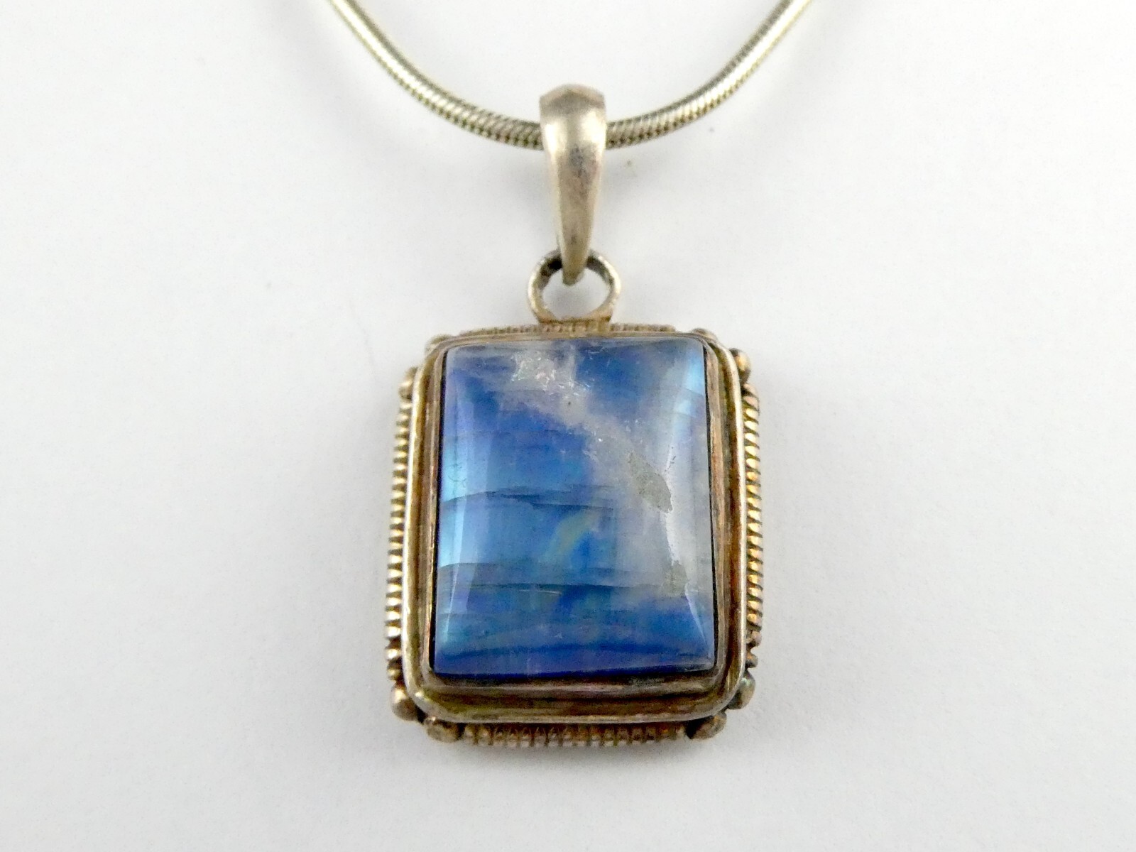 Vintage Sterling Silver Blue Moonstone Rectangular Cabochon Pendant Necklace 925