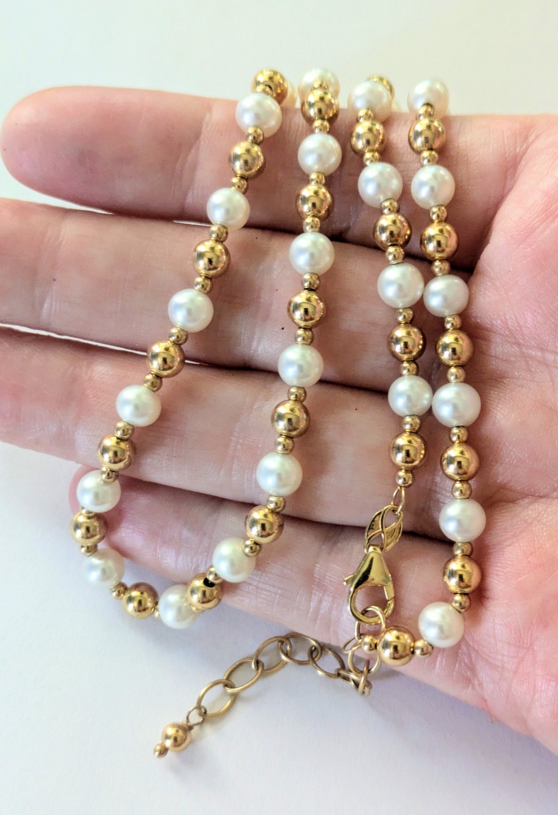 14K Solid Yellow Gold – ETERNAGOLD BEAD BALL & PEARL ADJUSTABLE NECKLACE NWOT