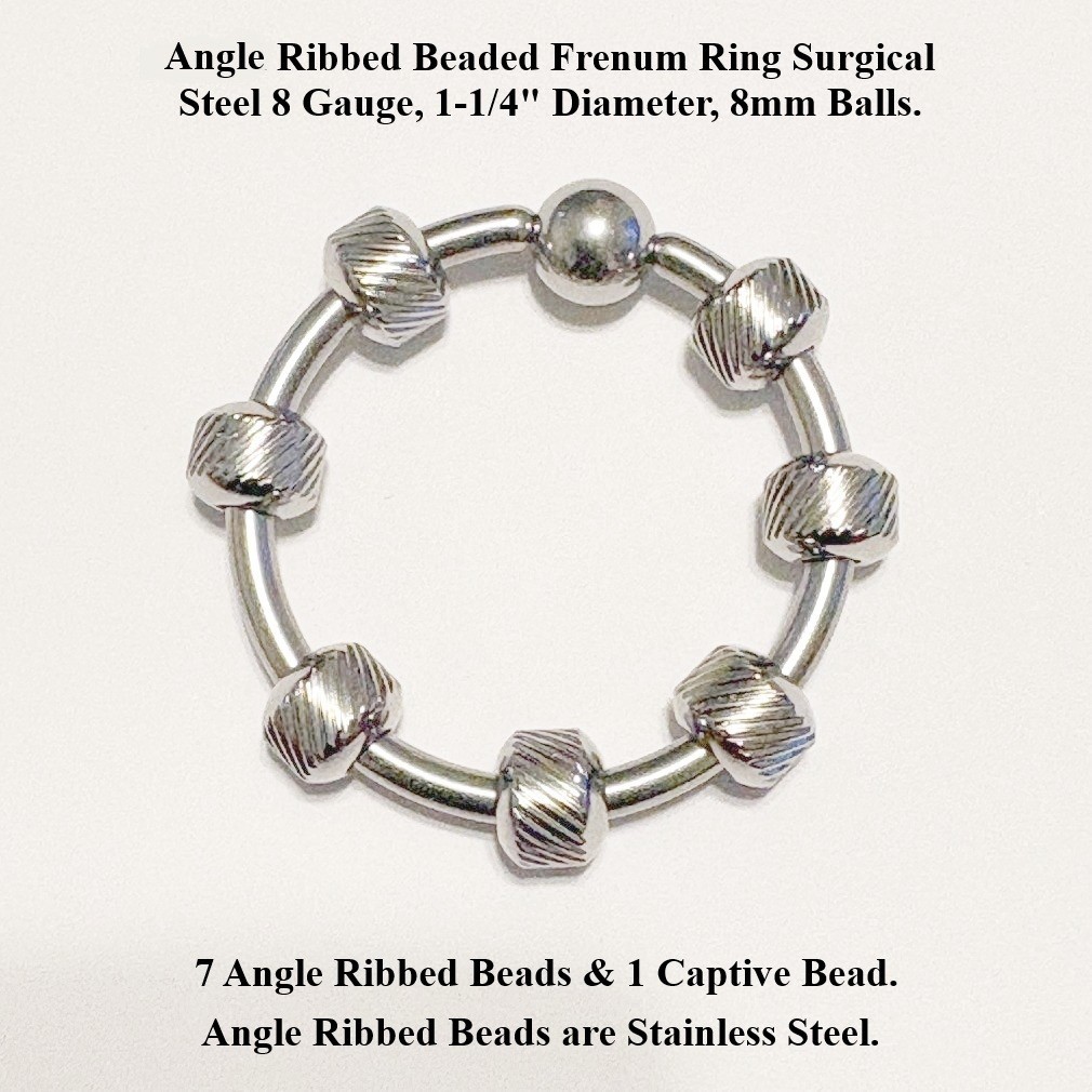 Angle RIBBED BEADED FRENUM RING Surgical Steel 8 G, 1-1/4″ Diameter, 8mm Balls.