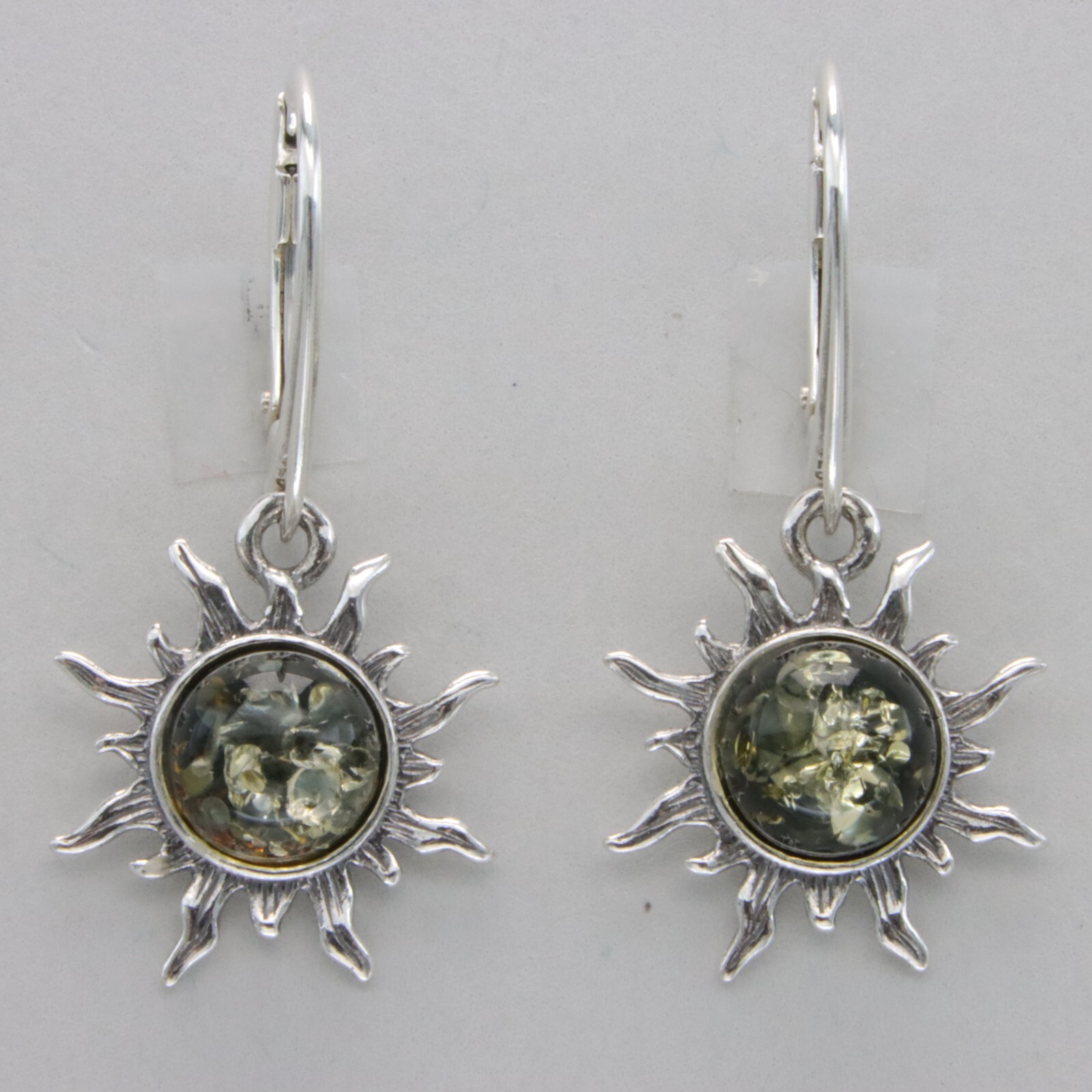 Round Green BALTIC AMBER Sun Dangle Leveback Earrings 925 STERLING SILVER #3633e