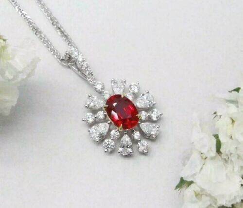3Ct Oval Cut Lab Created Red Ruby Halo Flower Pendant 14K White Gold Plated SLVR
