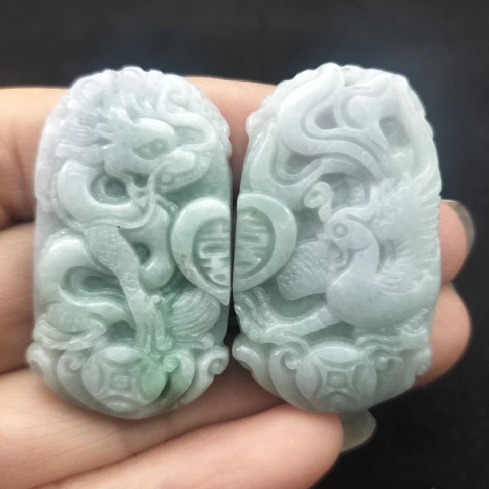 1Pair/2PCS Certified Green Natural Type A Jade Jadeite Dragon Phoenix Pendant