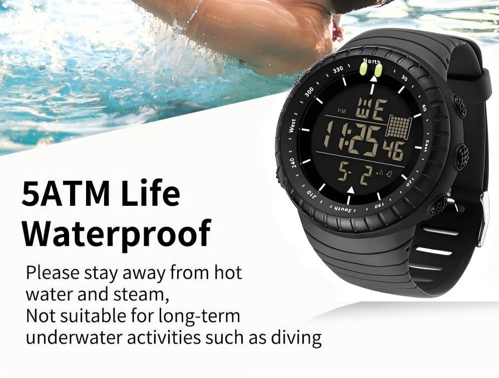 50mm Digital Sports Watch Waterproof Dual Time Alarm Chronograph Backlight Black
