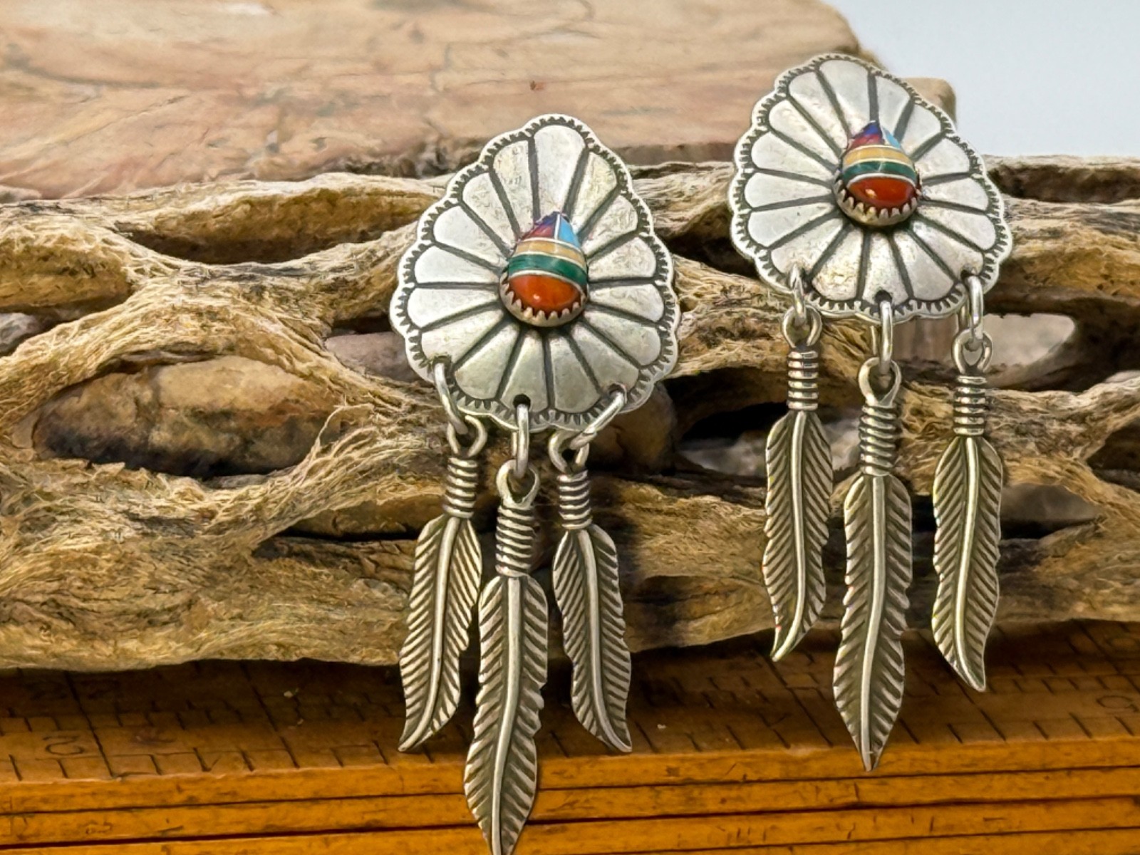 Wheeler Manufacturing Sterling MultiStone Inlay Concho Feather Earrings-2362.25