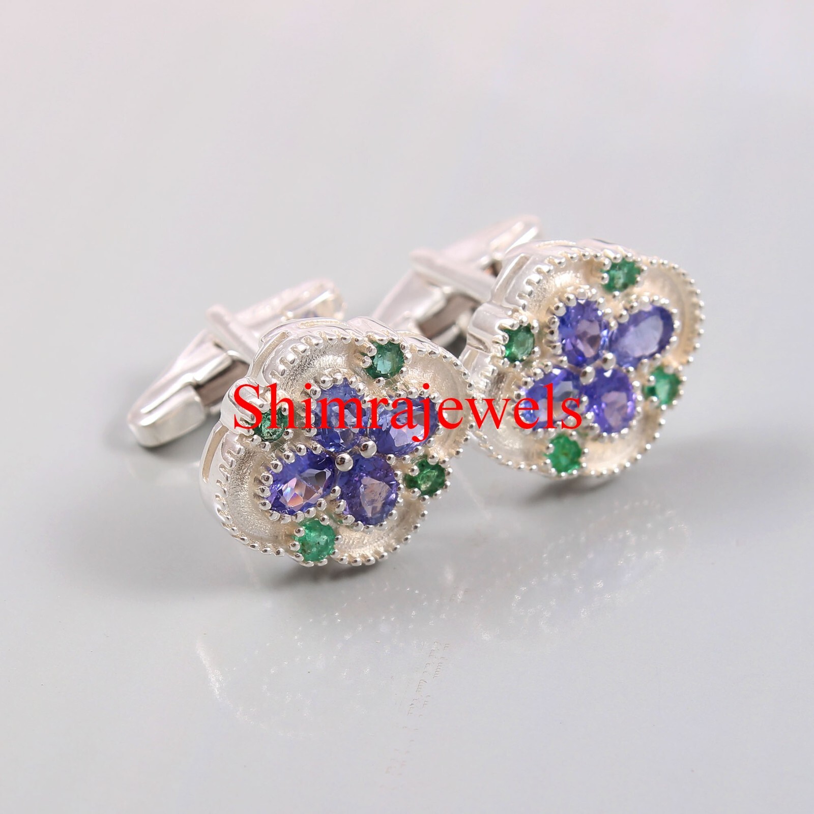 Natural Tanzanite & Simulated Emerald With 925 Sterling Silver Cufflinks #352