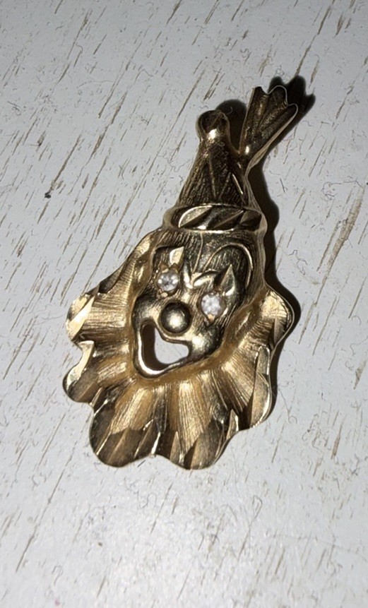 14K Yellow Gold Clown Face Charm Pendant w/ Round White Stones, Signed
