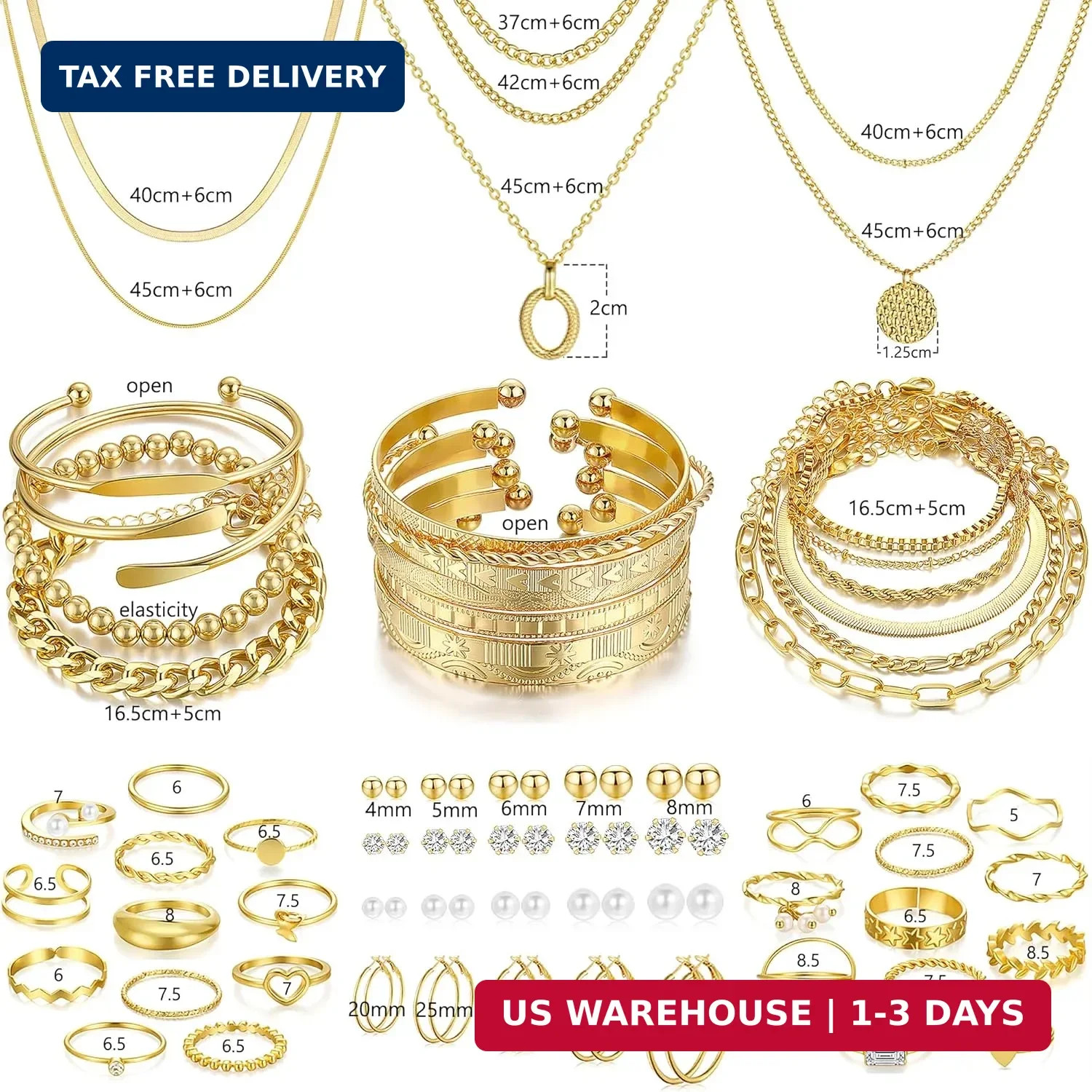 FAXHION 68 Pcs Gold Jewelry Set for Women with 7 Necklace, 17 Bracelet, 5 Hoop E