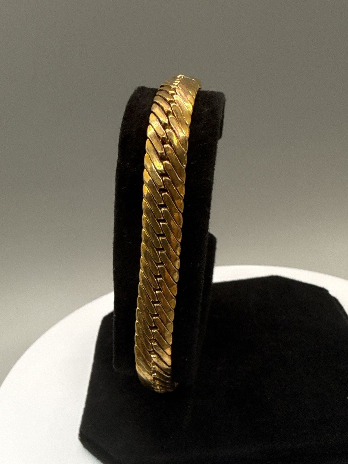Gold Tone Chunky Herringbone Chain Snake Link Bracelet Curbed Statement Vintage