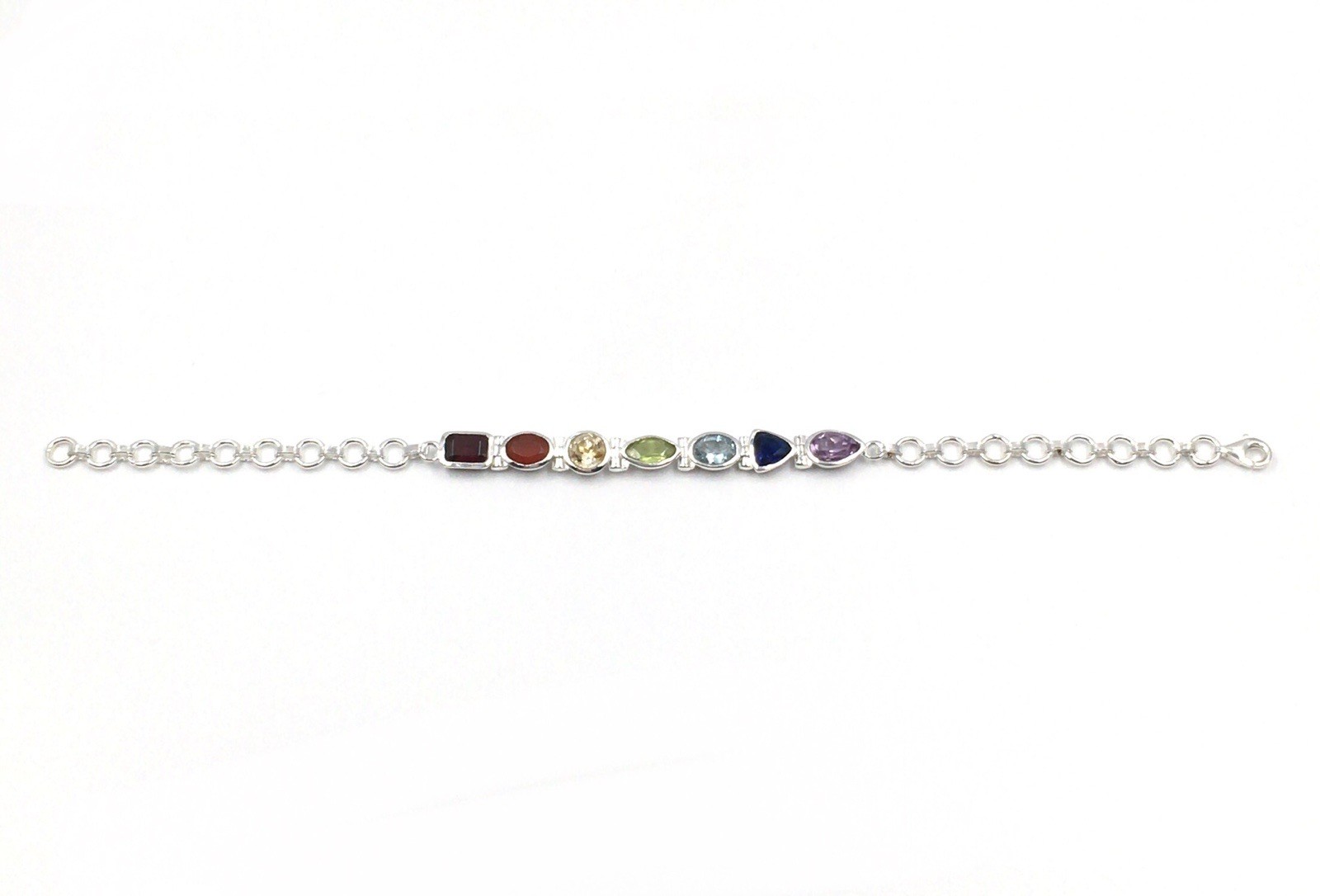925 Silver Bracelet 18.5cm Colourful Gemstones Multicolour Jewellery Red Blue Green Yellow