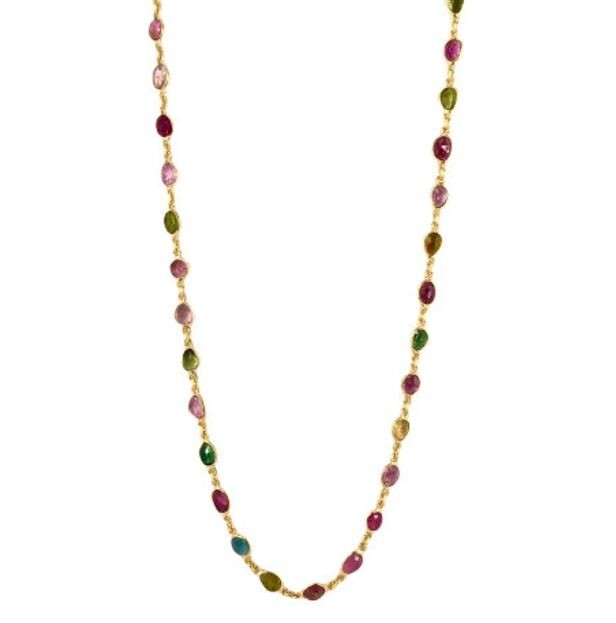 Multi Tourmaline Handmade Gold Polish 925 Sterling Silver Necklace 18″, Gift Her