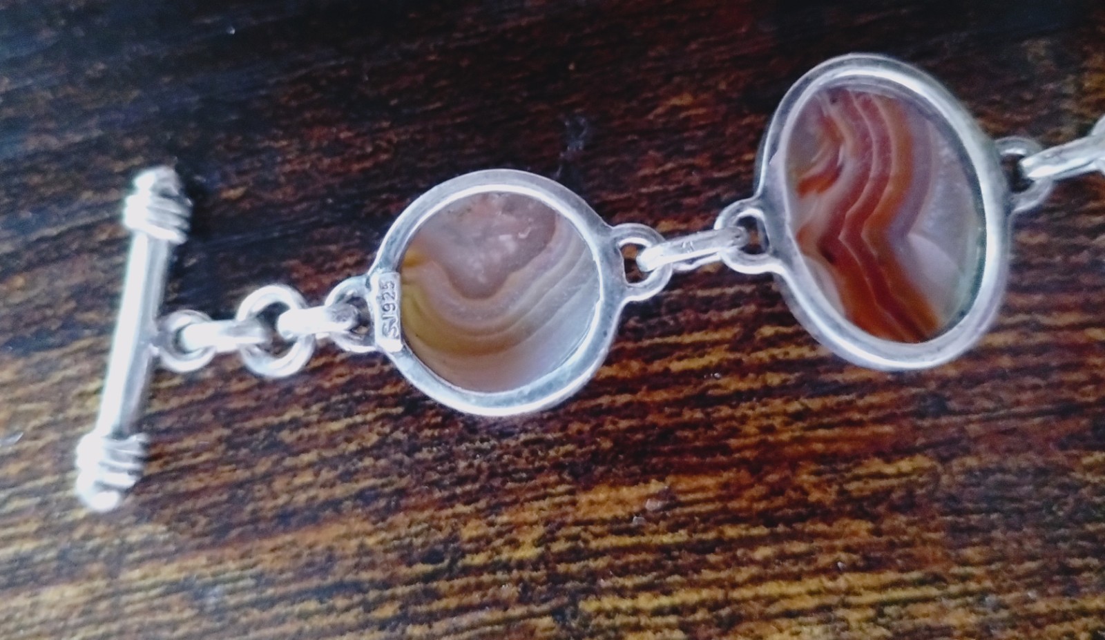 Natural SJ Red Banded Agate Stone Sterling Silver Sajen Toggle Bracelet 7-9in