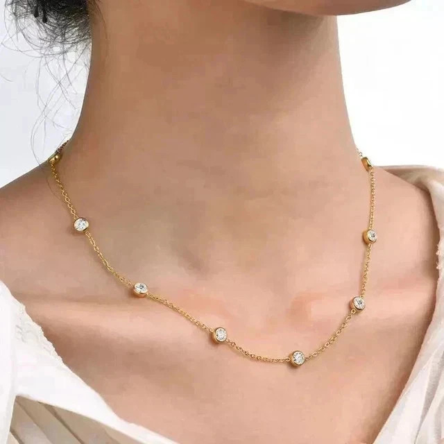 14K Yellow Gold plated 2Ct Round Lab-Created Diamond Bezel Set Station Necklace