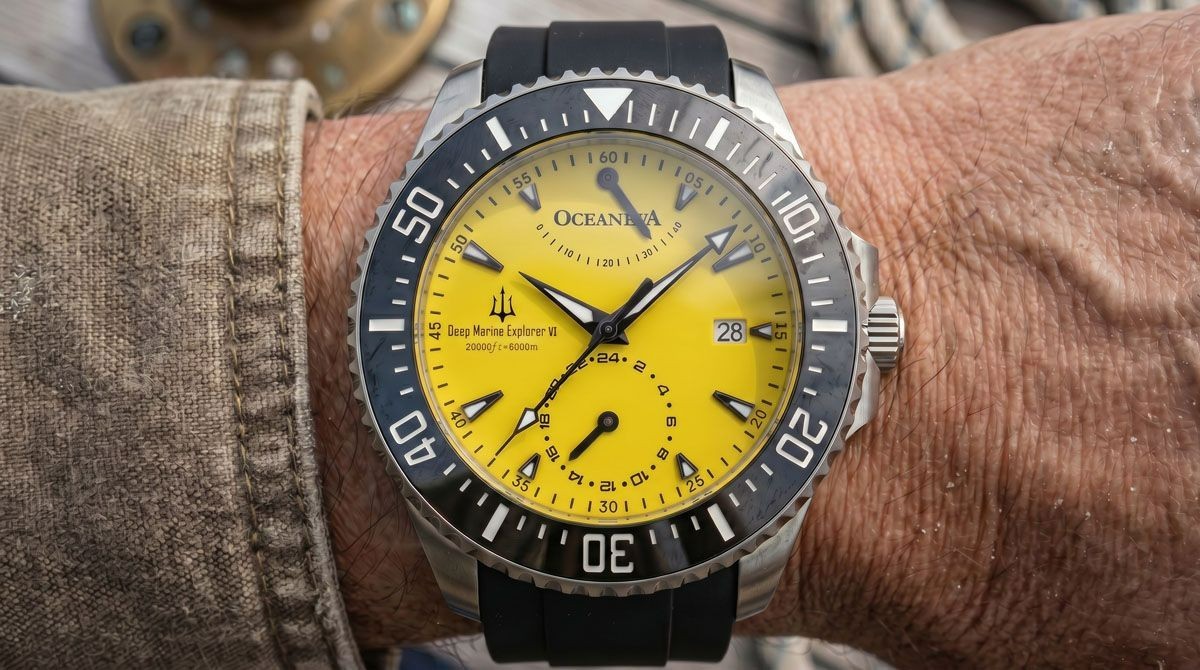 Oceaneva Power Reserve 6000m Automatic Grade 5 Titanium Watch Yellow