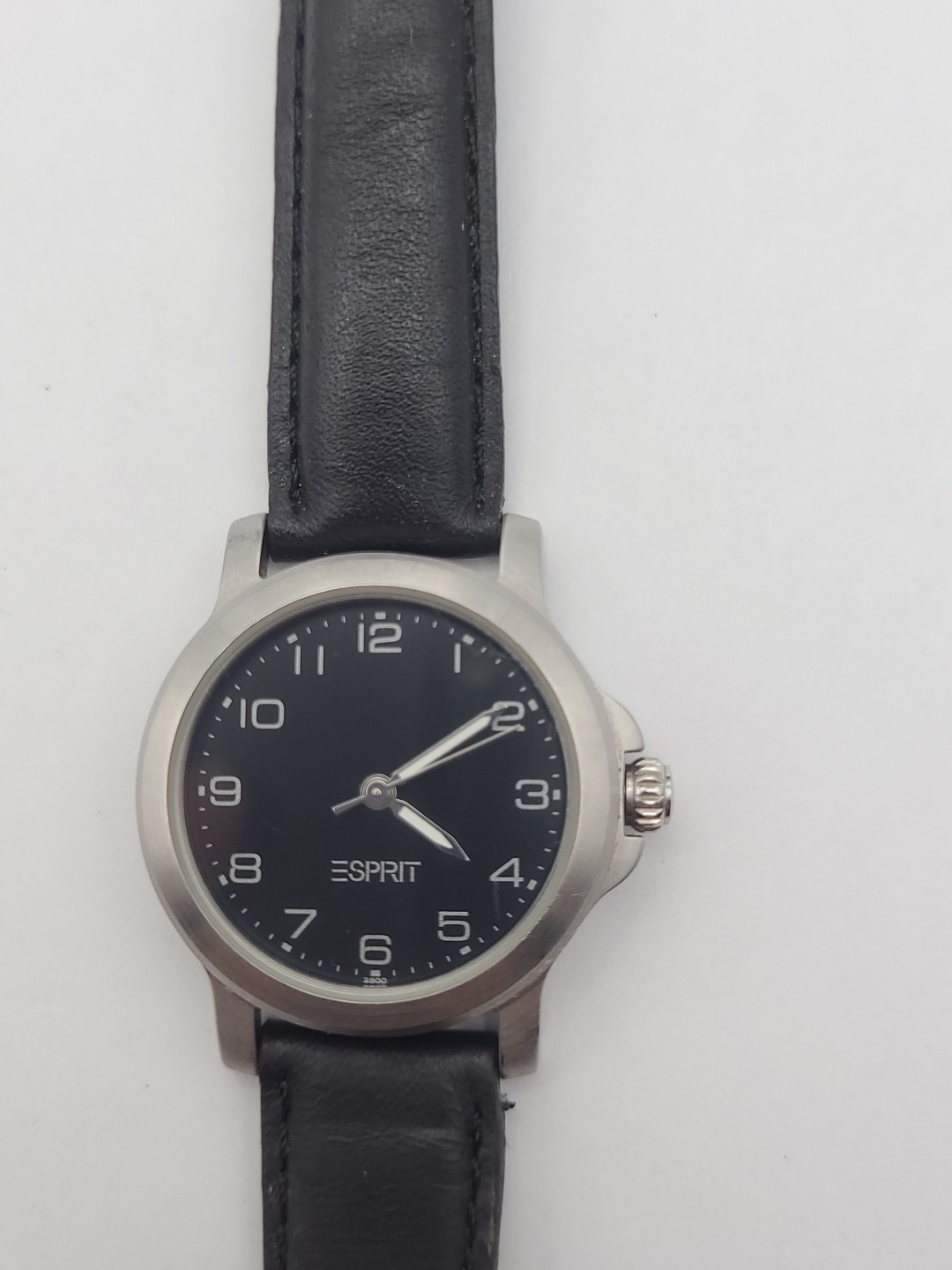 Esprit Watch Women Silver Tone Date Black Dial Leather Band New Battery Working