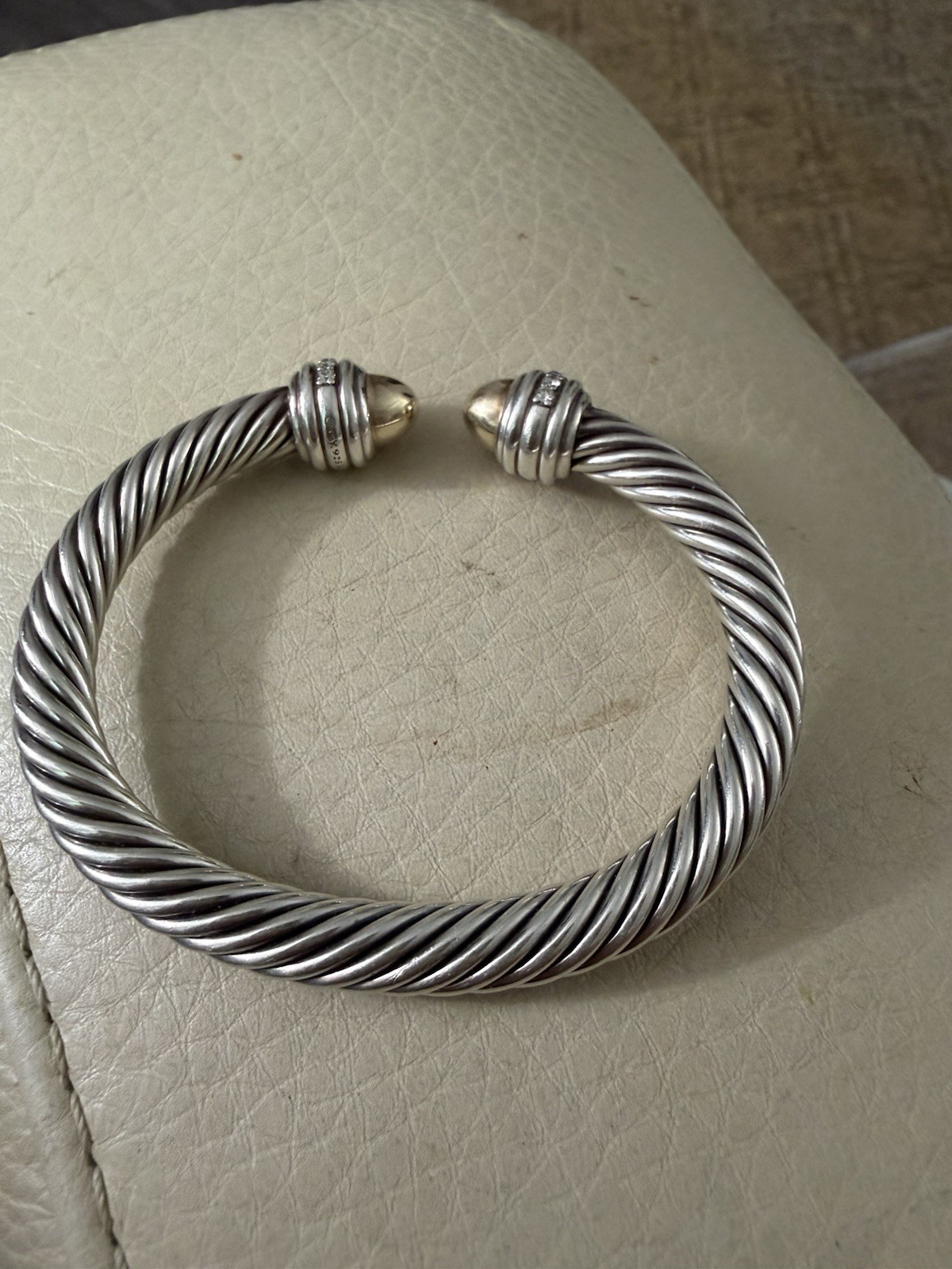 David Yurman Sterling Silver 18K Gold Diamond Cuff Bracelet 7 mm. Cable Classic