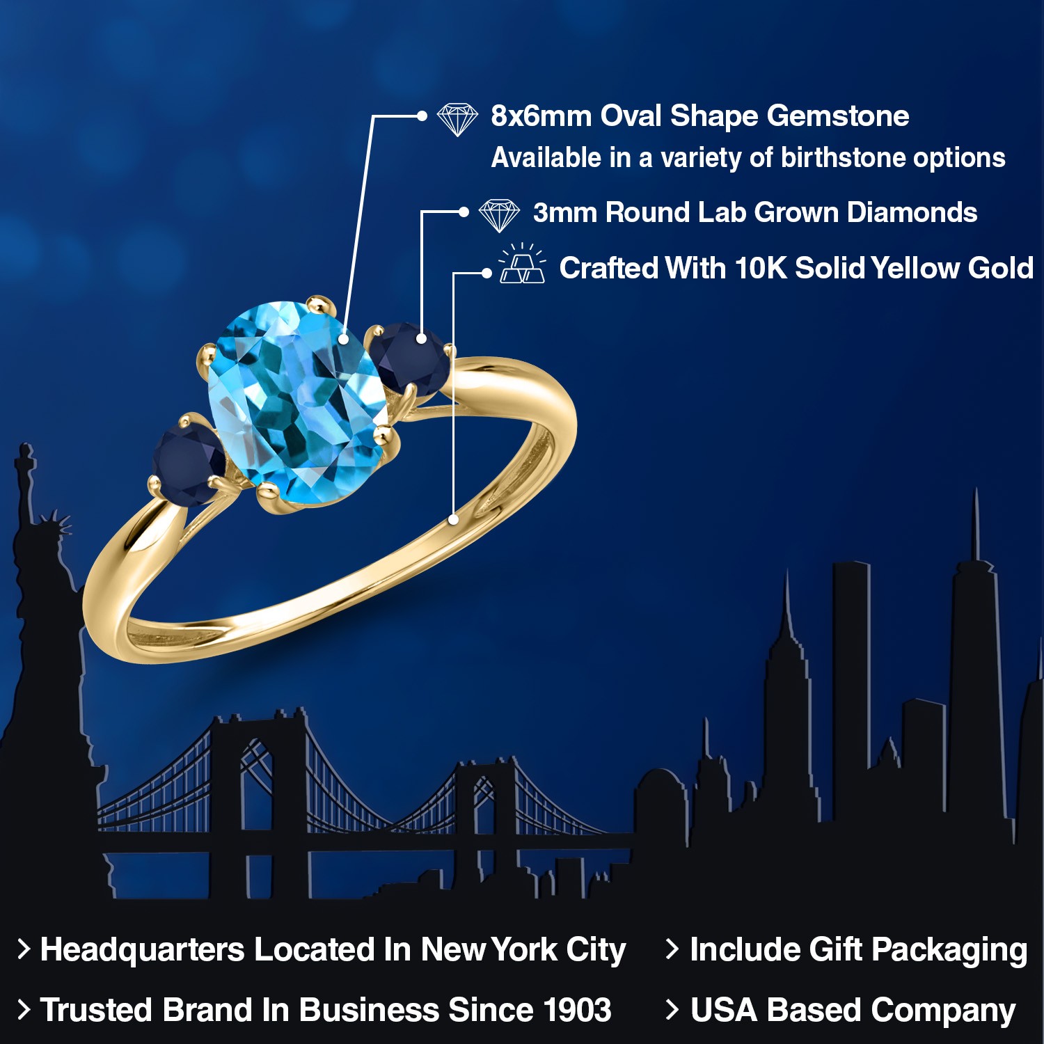10K Yellow Gold Swiss Blue Topaz and Sapphire 3-Stone Ring For Women | 1.80