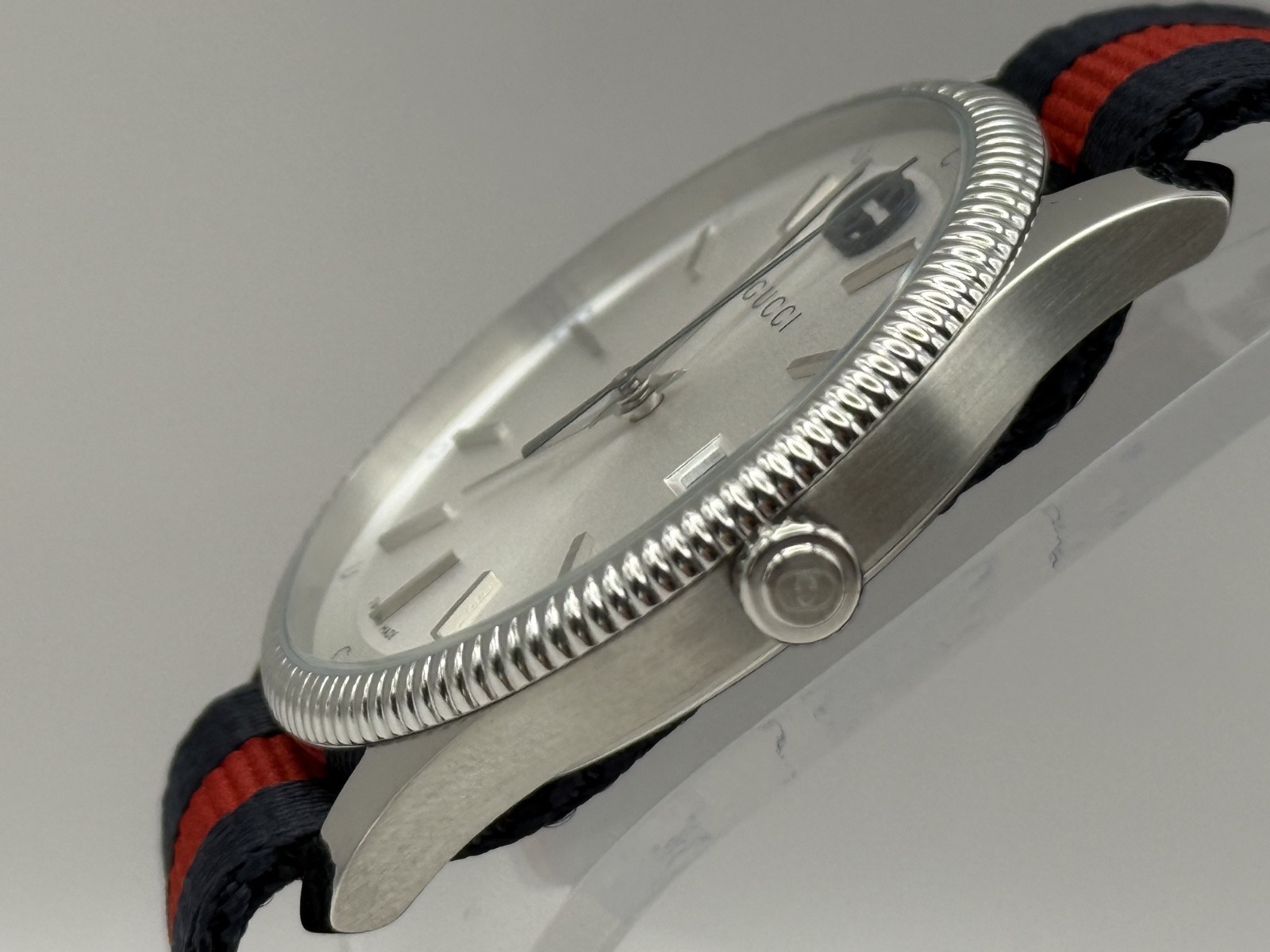 Gucci G-Timeless Silver Dial Blue and Red Nylon Strap Watch 38mm YA1264237