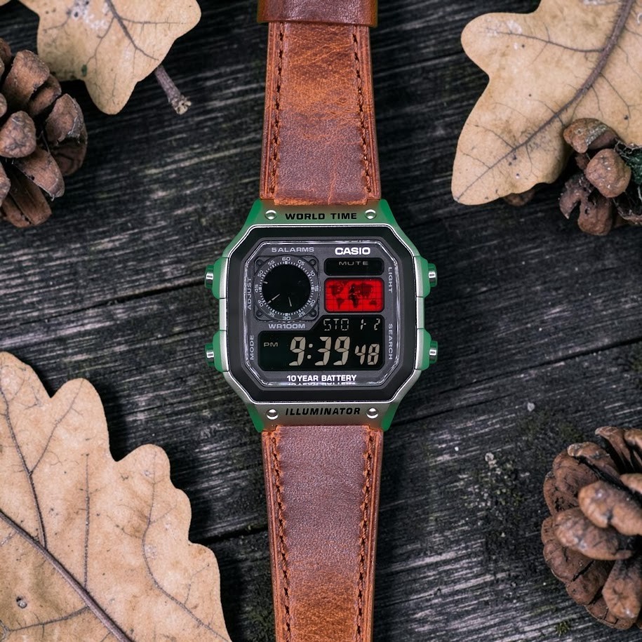 CASIO AE-1200WHD. Royale Watch Mod. Leather Band Negative Display. RED World Map