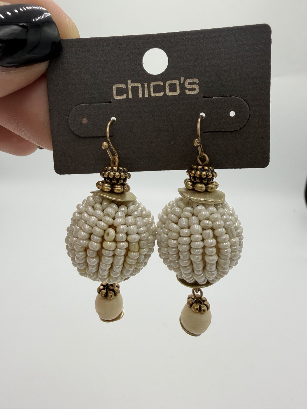Chico’s white seed bead drop earrings with gold-tone New