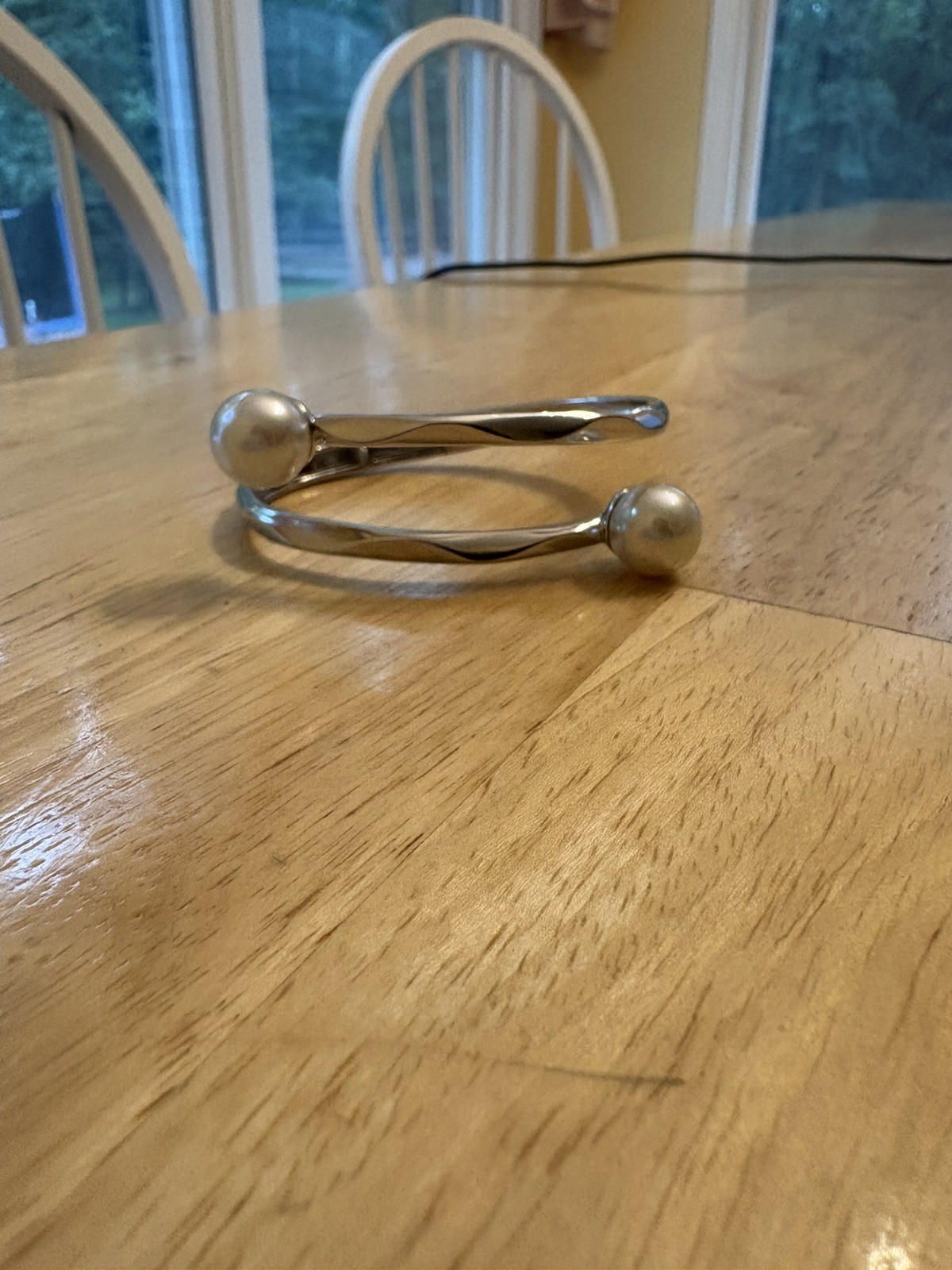 Majorica Sterling Silver Imitation Pearl Hinged Bypass Bangle Bracelet