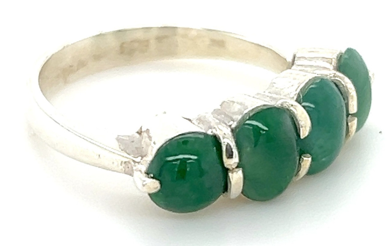 Type A Imperial Green Jadeite 4-Stone Ring 925 Silver Sz7.5