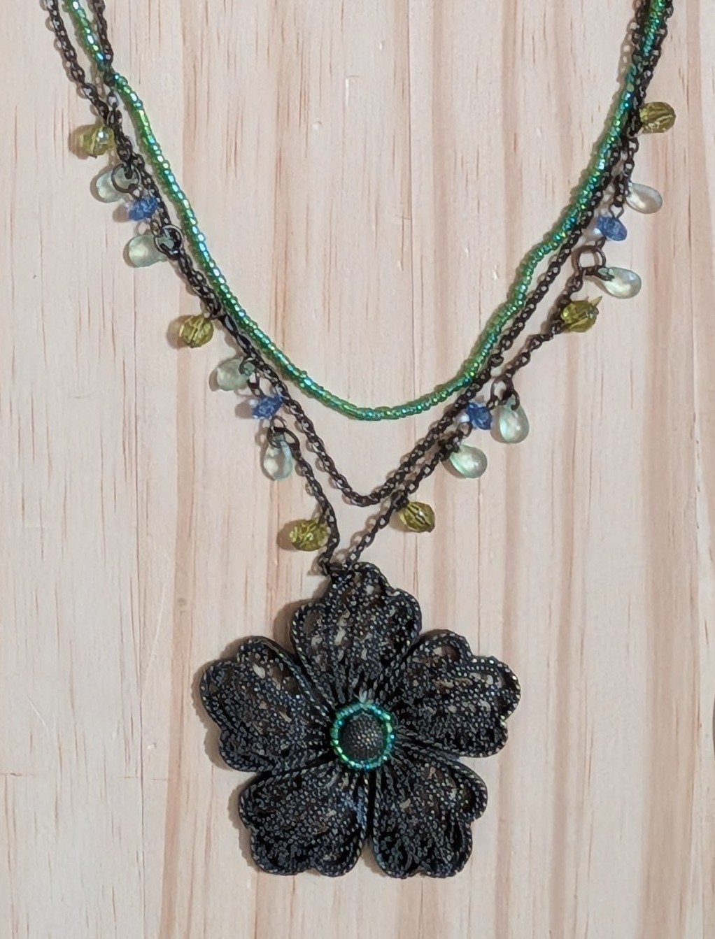 2 Boho Necklaces & 1 Retro: Medallion w/green hearts, Flower w/Beads, Peace Sign