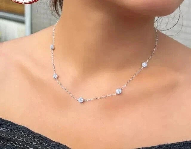 14k White Gold Round Moissanite By The Yard Bezel Station Necklace 18″