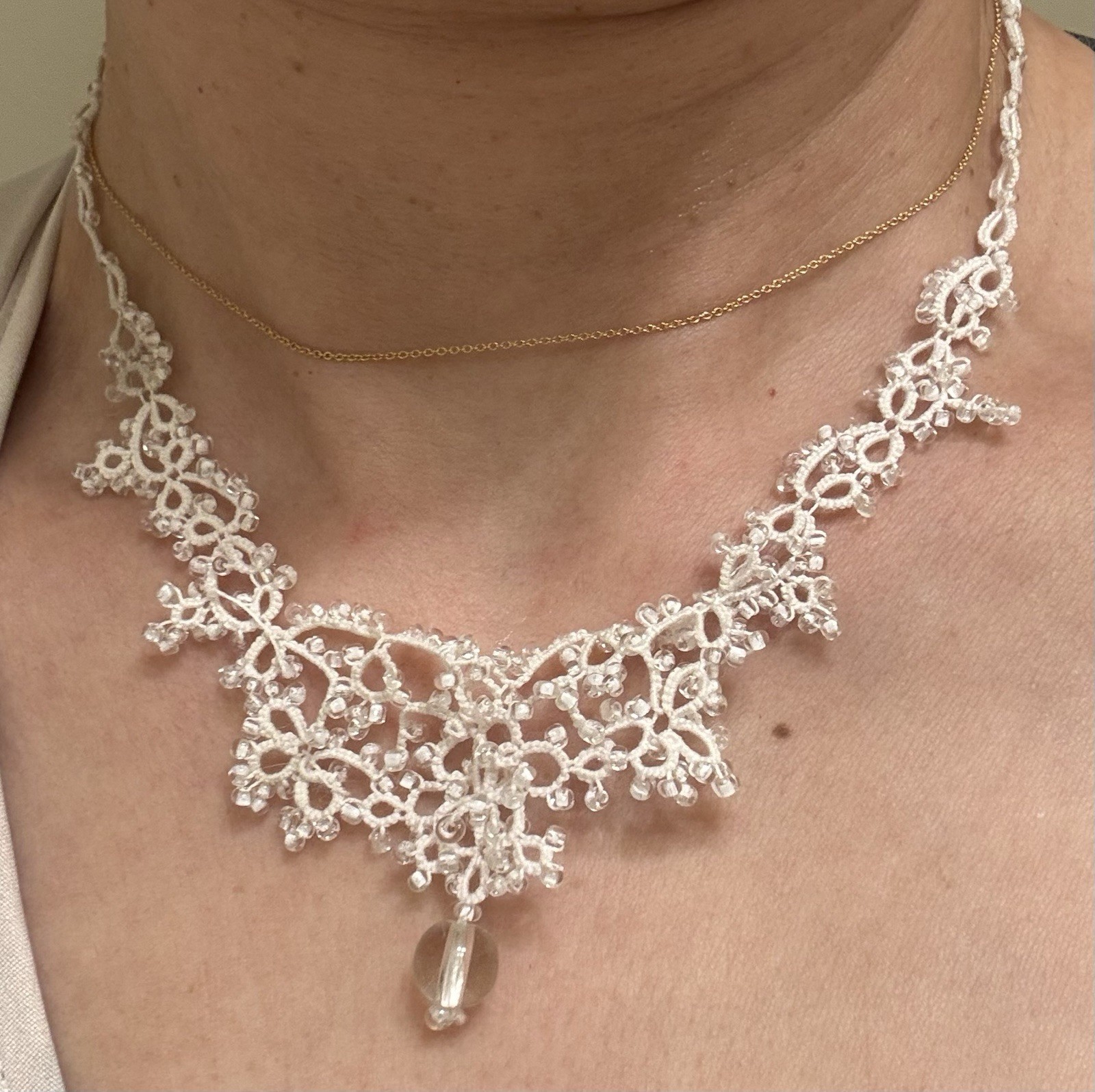 White Lace Bib Statement Necklace Clear Crystal Teardrop Drop Pendant Handmade