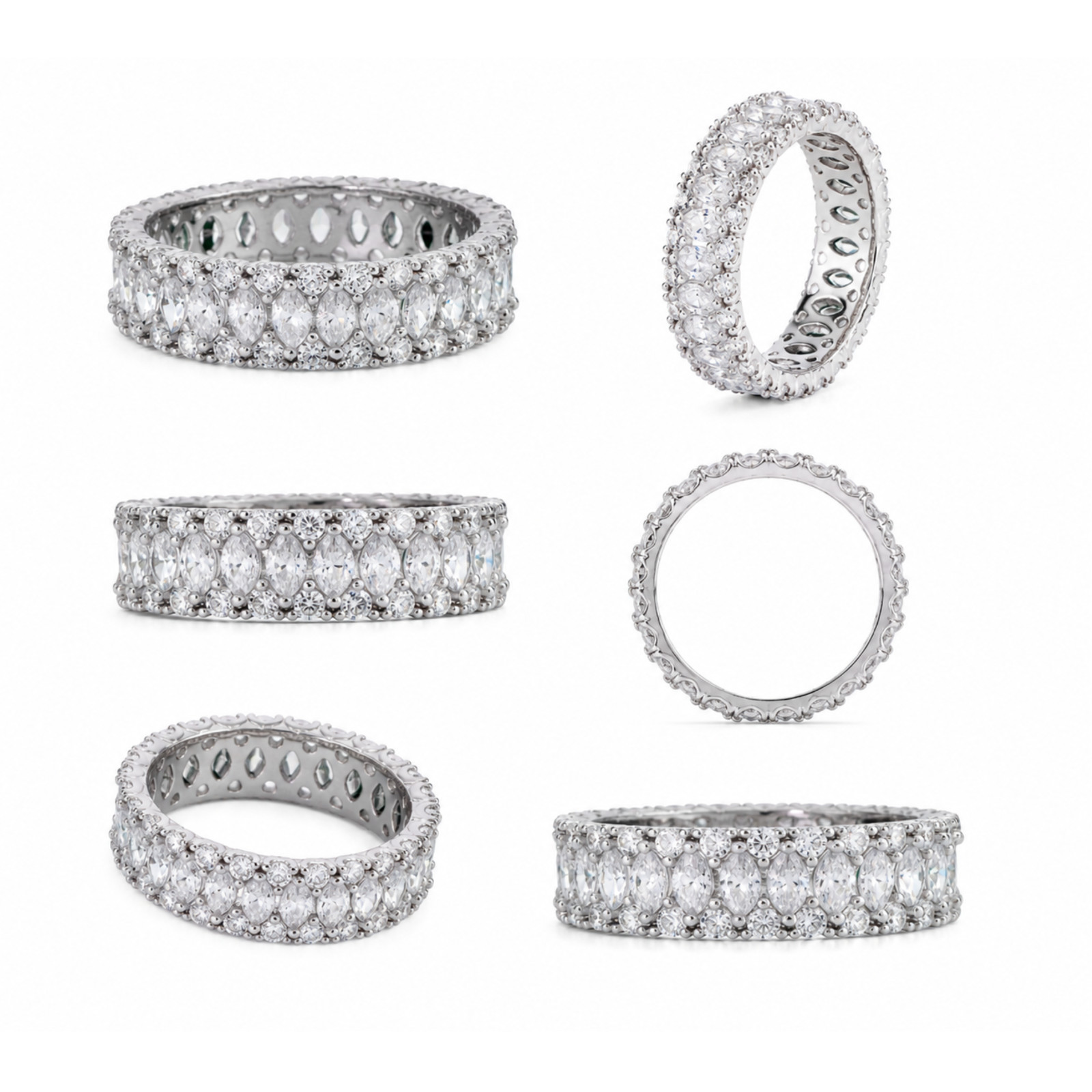 Rhodium Plated 925 Sterling Silver 5.4mm Triple Row Eternity Band Clear CZ Ring