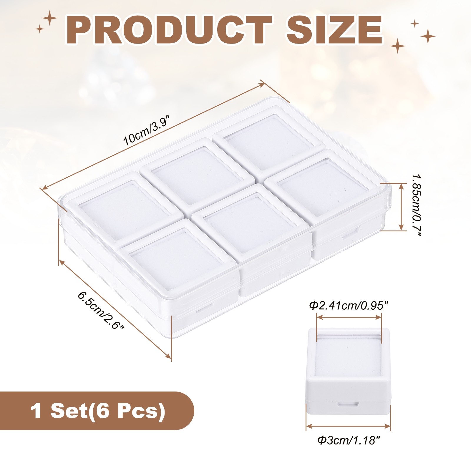 3.9×2.6×0.7 Inch Gemstone Display Box 6 Pcs Square Containers, White