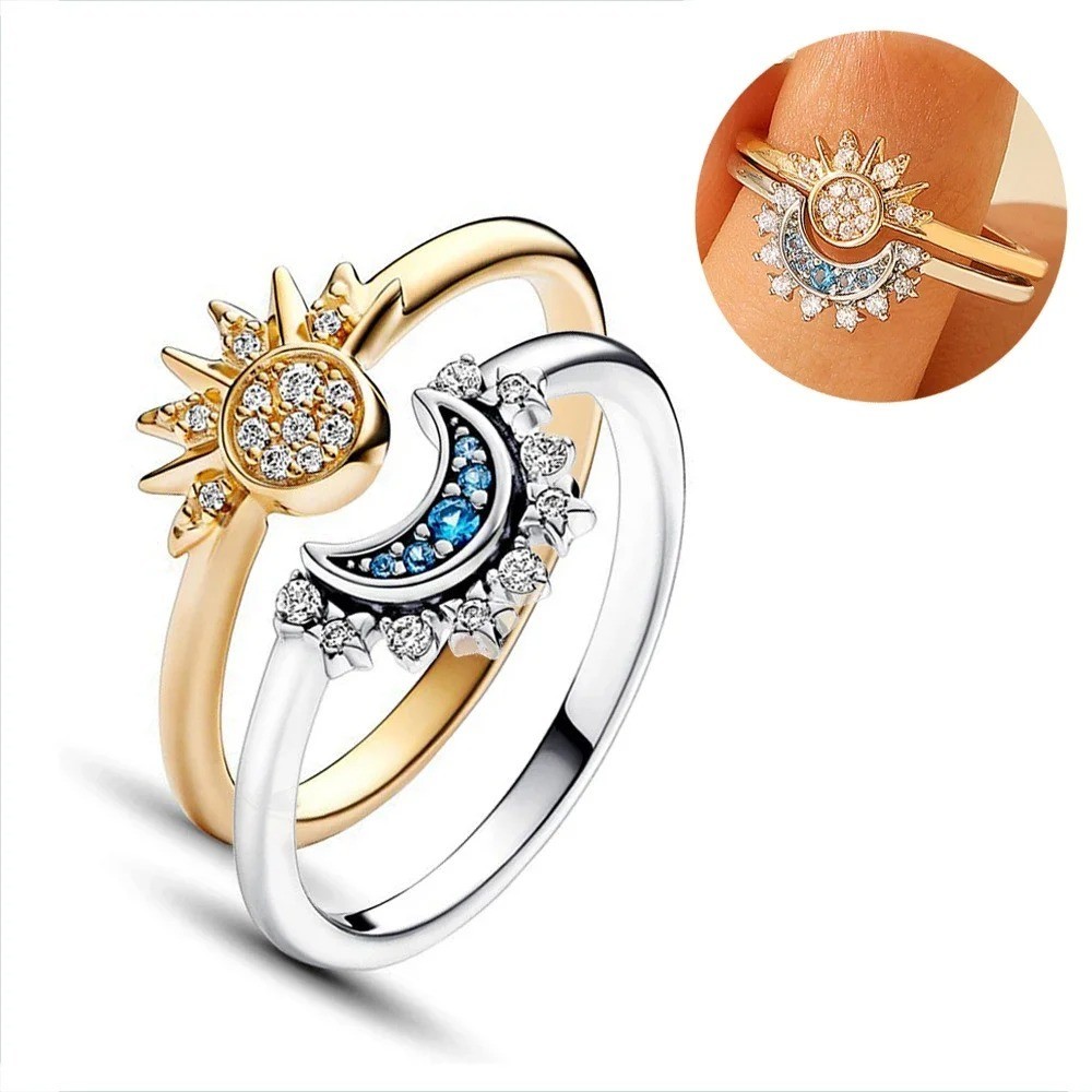 2pcs Couple Ring Set Sky Blue Sparkling Moon and Sun Ring Stackable Finger Set