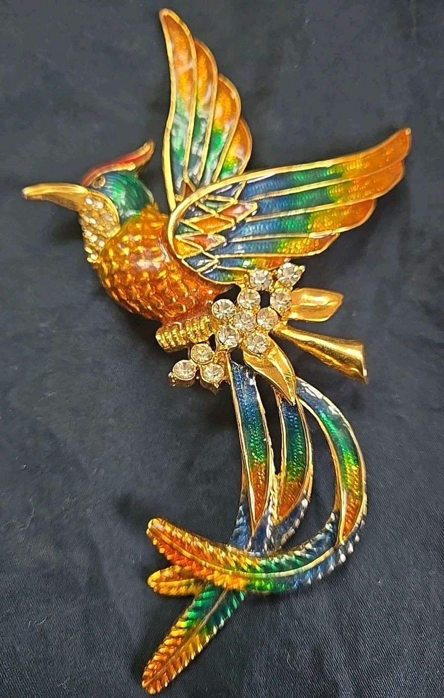 Vintage D’orlan Boucher 6″ Enamel Phoenix Bird Brooch Multicolored, Clear Crysta