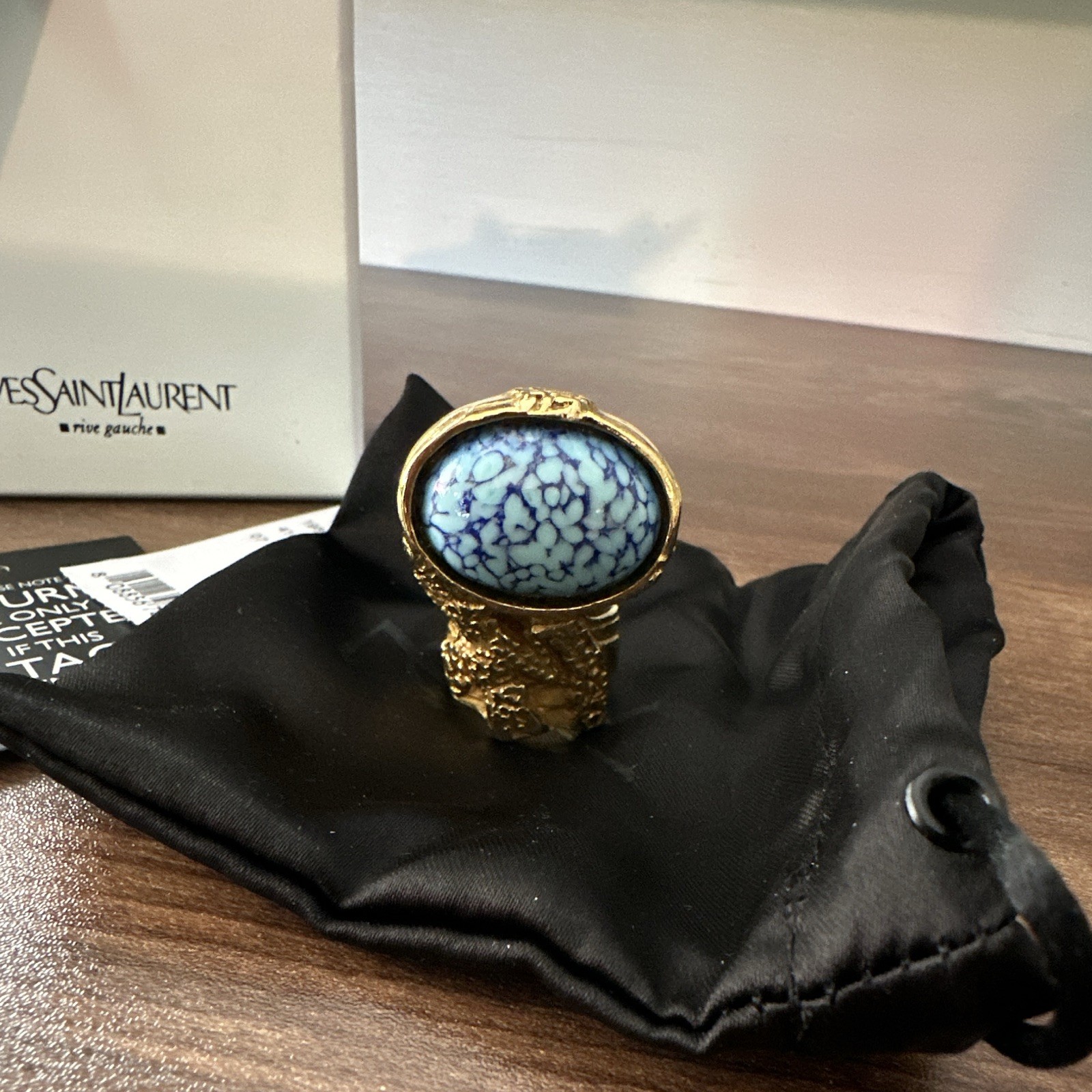 Yves Saint Laurent Signed Engraved Gold Tone Blue Oval Stone Ring Size 7