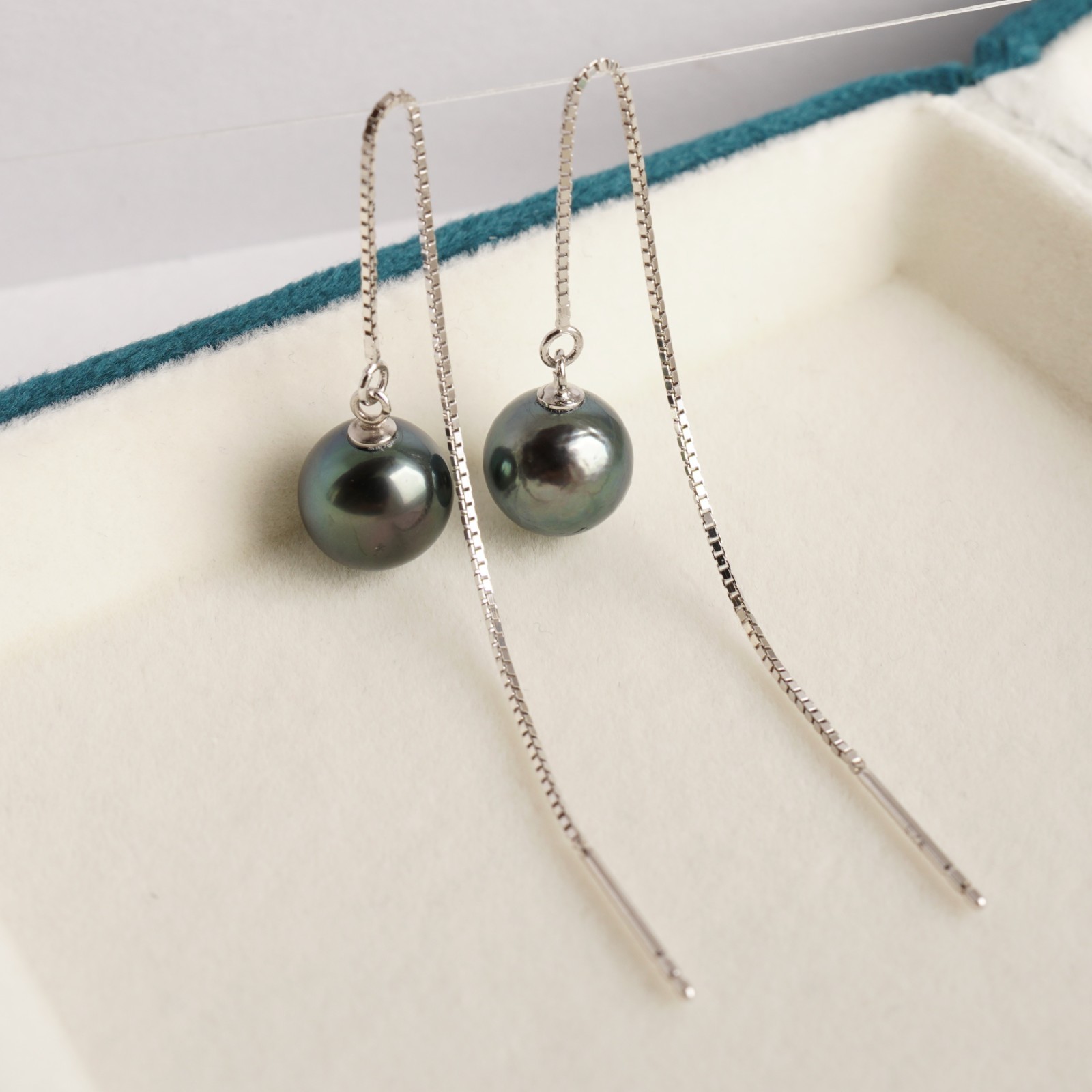 High Luster 9.7mm Tahitian Cultured Pearl Earrings Sterling Silver Threader,3.7″