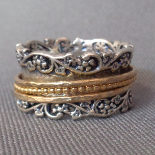 Sterling Silver Two Tone Spinner Band Ring Signed PZ Sz 7 – 7.5 Intricate Scroll