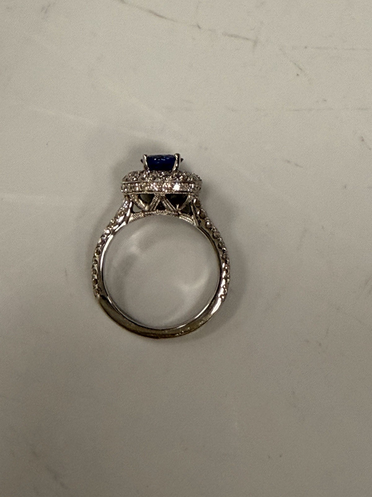 Neil Lane Sapphire and CZ 14k White Gold Ring. Halo Design, Size 5