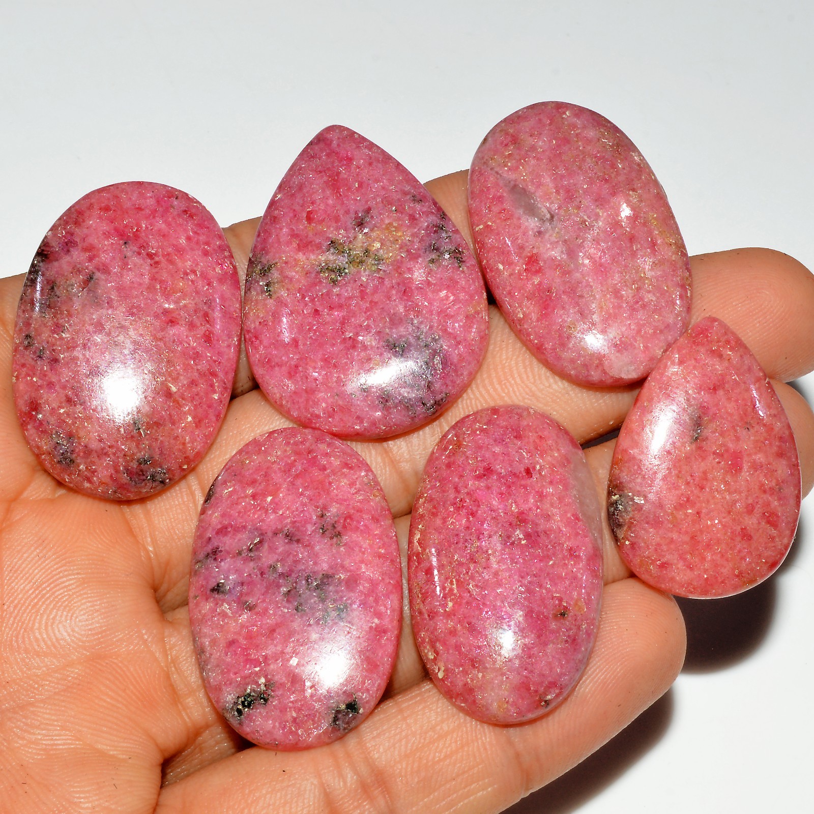 6 Pcs 308 Cts Natural Pink Rhodonite Cabochon Gemstone Lot 37×25 29x20mm #16753