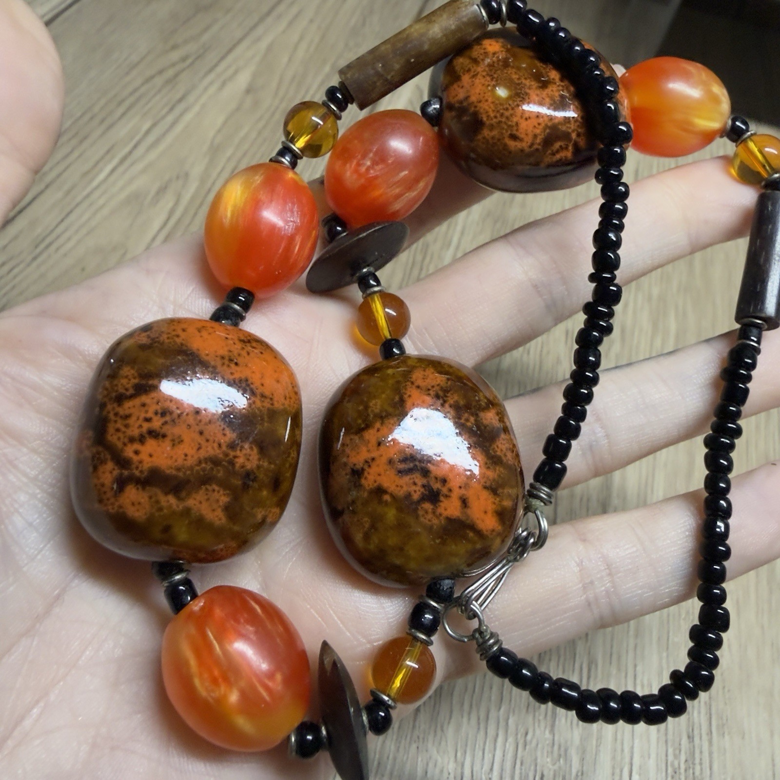 RETRO Orange Ceramic Beaded Necklace Boho Pretty Kitsch 51cm/20″ Chunky Wood