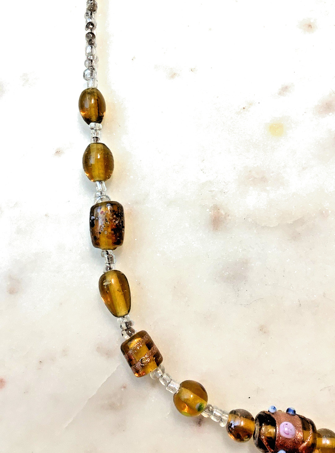 Vintage Wedding Cake Bead Necklace Gold Hand Blown Foil Glass Italy Lampwork