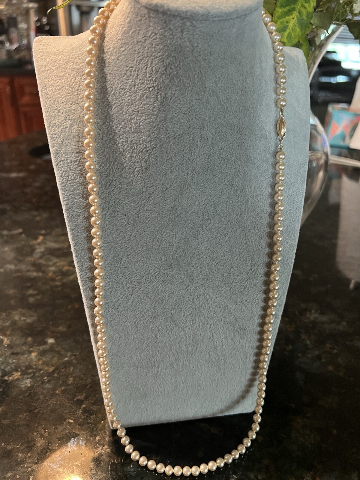 VINTAGE MAJORCA PEARL NECKLACE 14K G.F. CLASP 30 IN. 5MM PEARLS FROM SPAIN NOS.