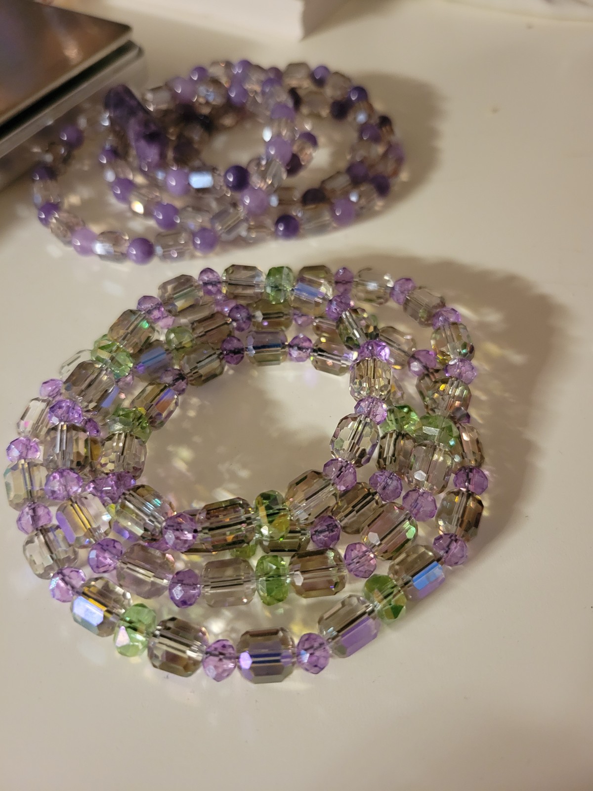 Iridescent Genuine Crystal Beaded Necklace in Purple & Green Artisan Handmade