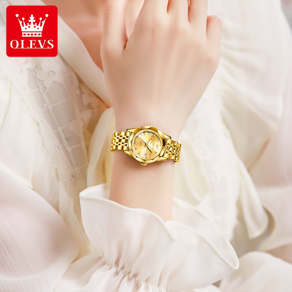OLEVS Women Quartz Watch Stainless Steel Waterproof Wristwatch-Gold