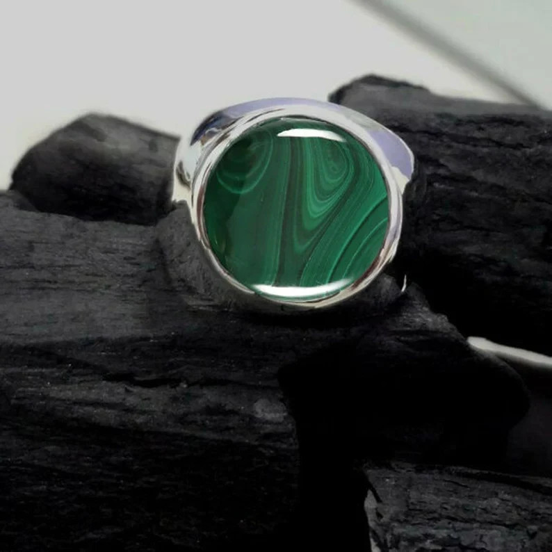 Solid 925 Sterling Silver Natural Green Malachite Cab Gemstone Men’s Unisex Ring