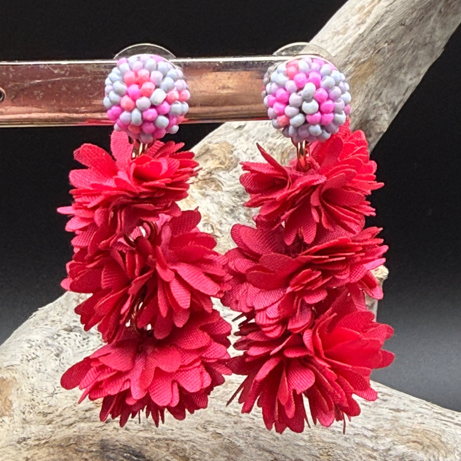 J.Crew Red Floral Statement Earrings Beaded Gold Tone Drop Dangle 3.5″