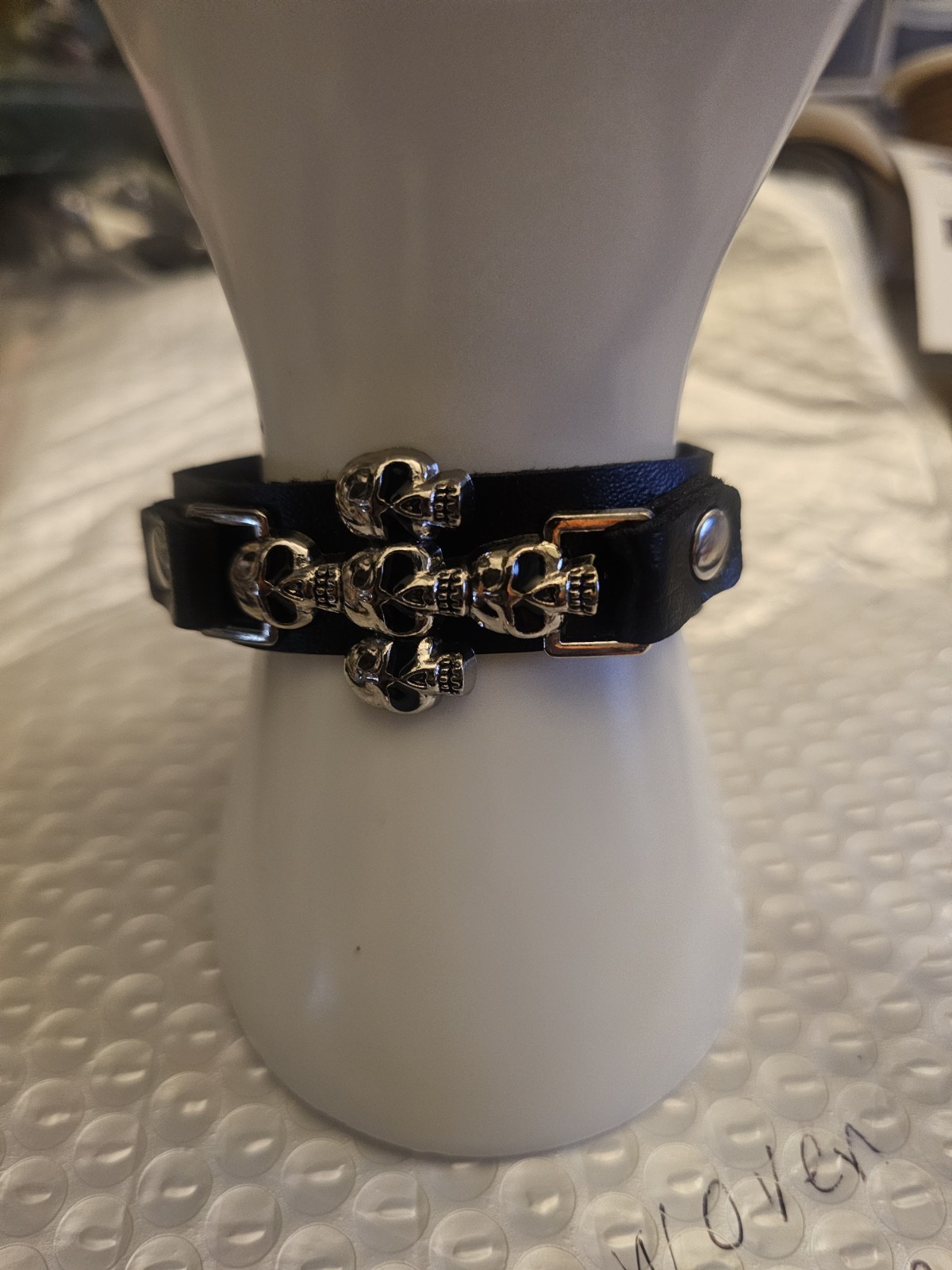 Black Leather Cuff Bracelet Silver Tone Cross Buckle Closure No Stone