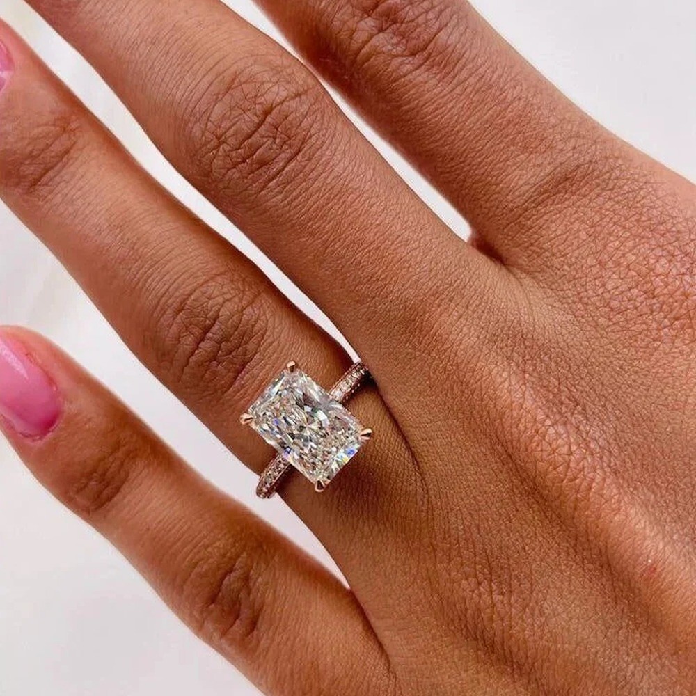 5.59 TCW Emerald Moissanite Hidden Halo Engagement Ring 14K Yellow Gold Plated