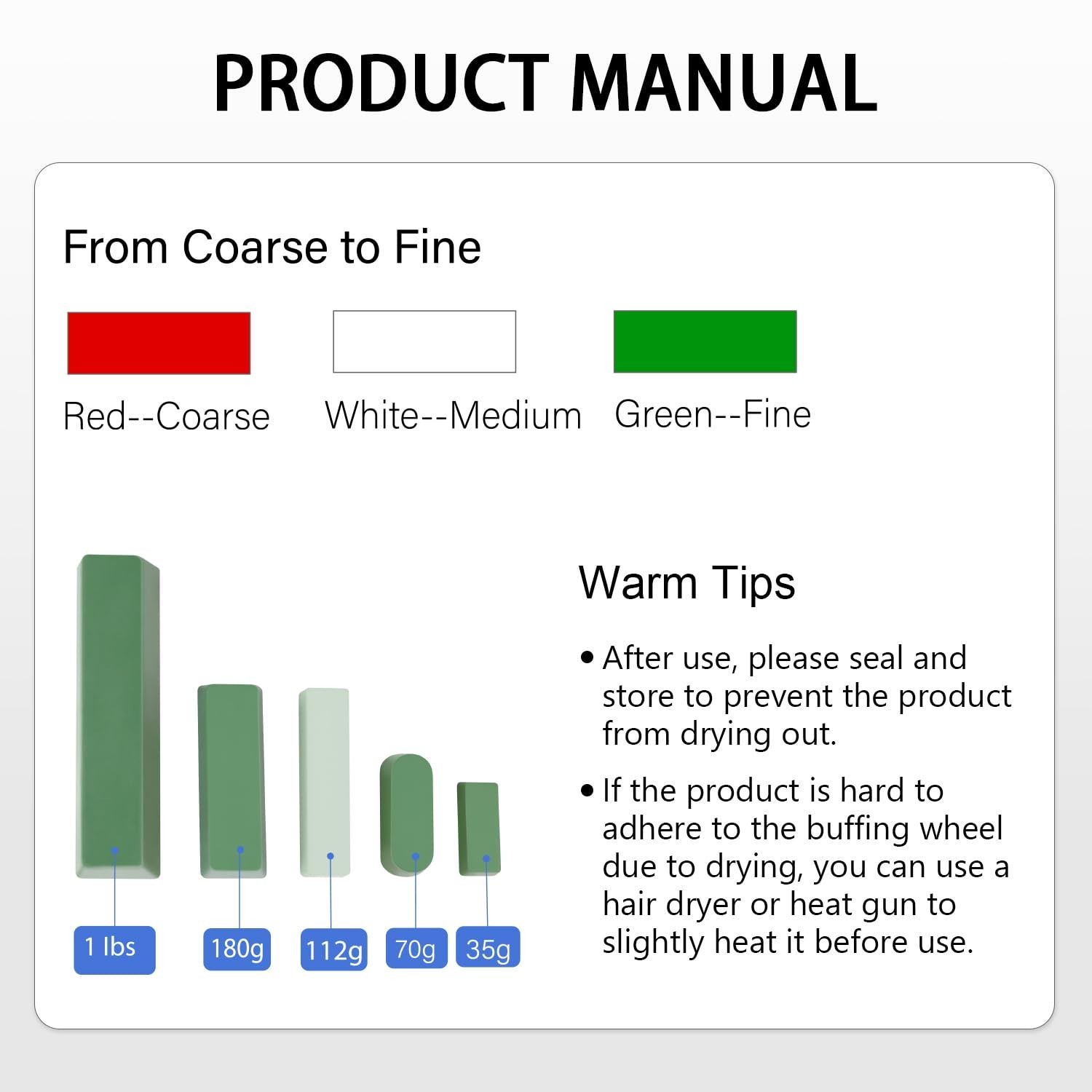 3 Pack of 4 Oz Buffing Compounds – Green Fine, White Medium, Red Coarse