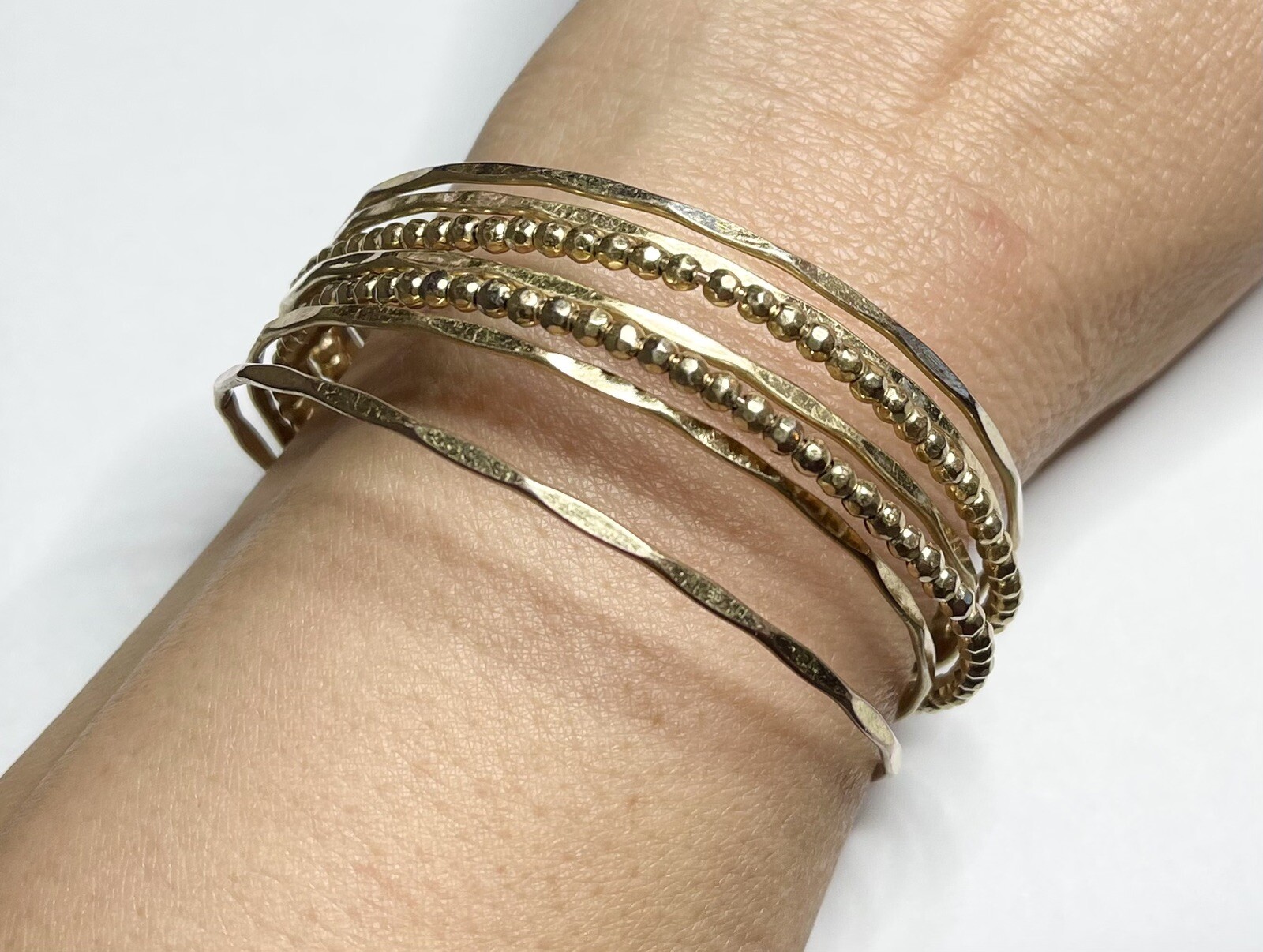 Gold Plate Various Strand Cuff Bracelet Connected With Bar Textured Solid Beaded